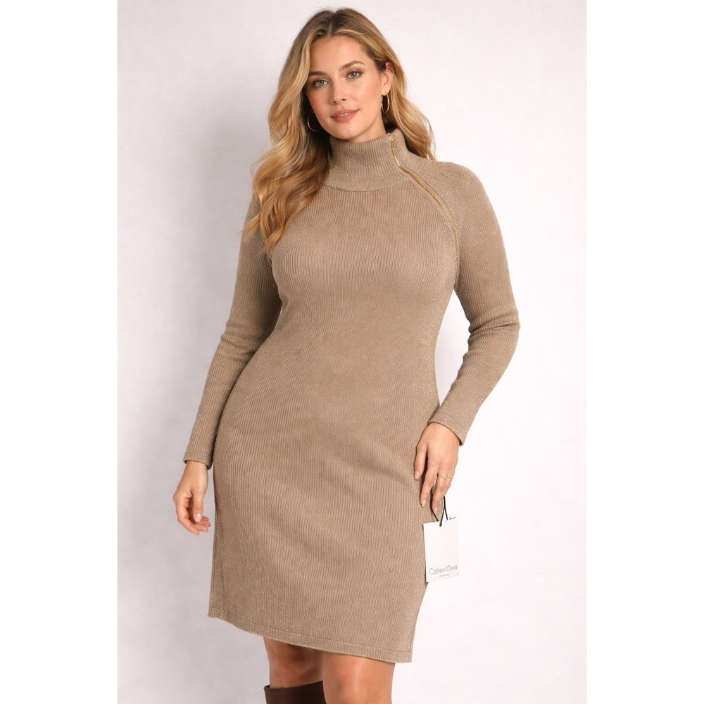 Calvin Klein Metallic Rib Knit Sweater Dress Asymmetric Zip / Turtleneck XL